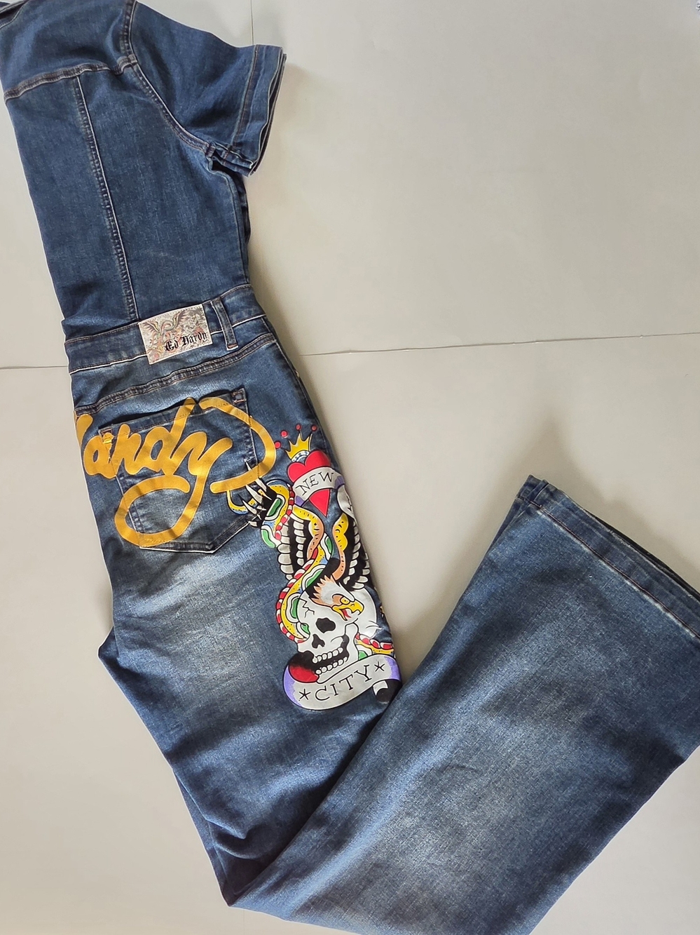 Ed Hardy Y2K Style Denim Jumpsuit XL NYC Skull Snake Tattoo Patch 1 Piece Flare